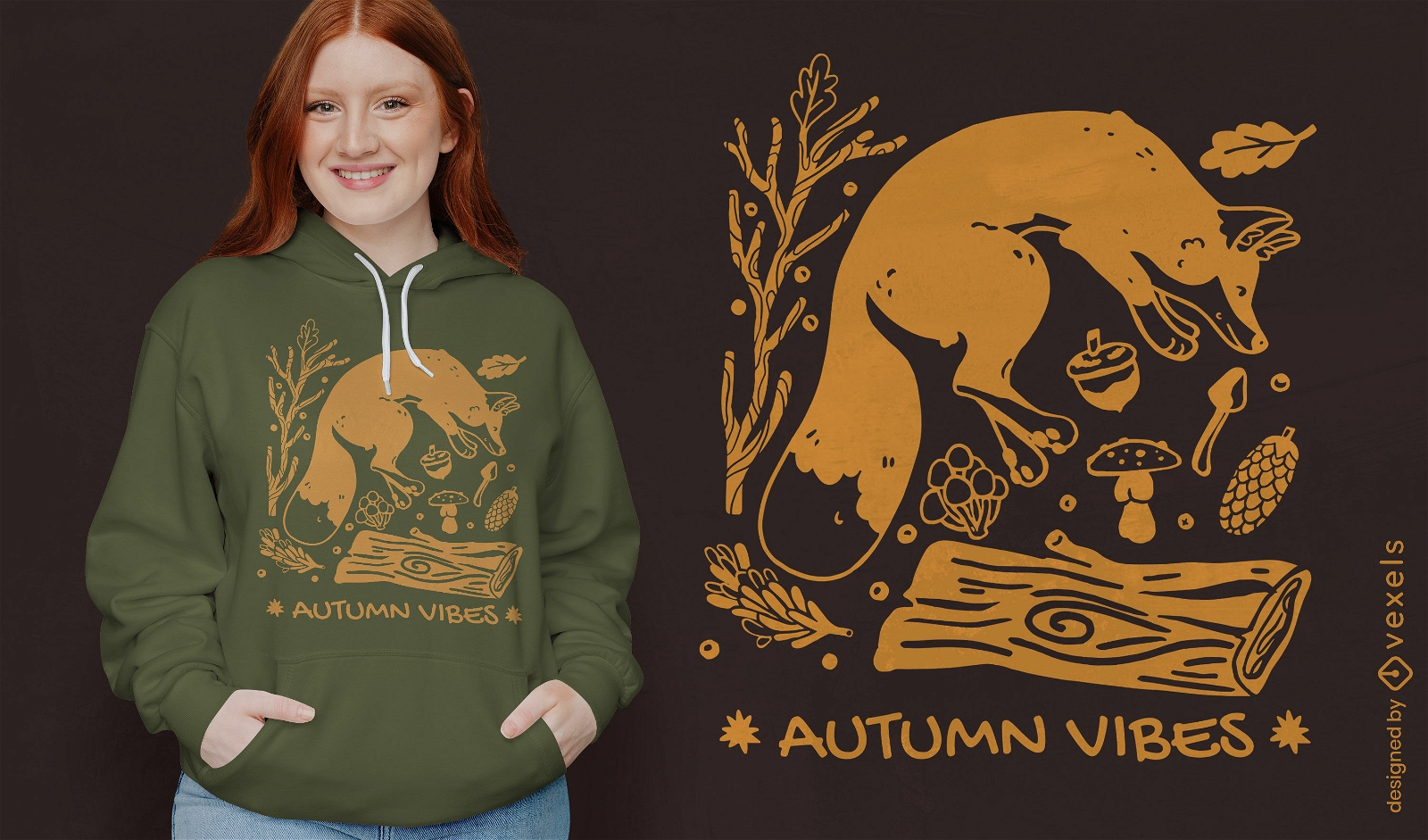Design de camiseta de elementos de natureza de raposa de vibra?es de outono