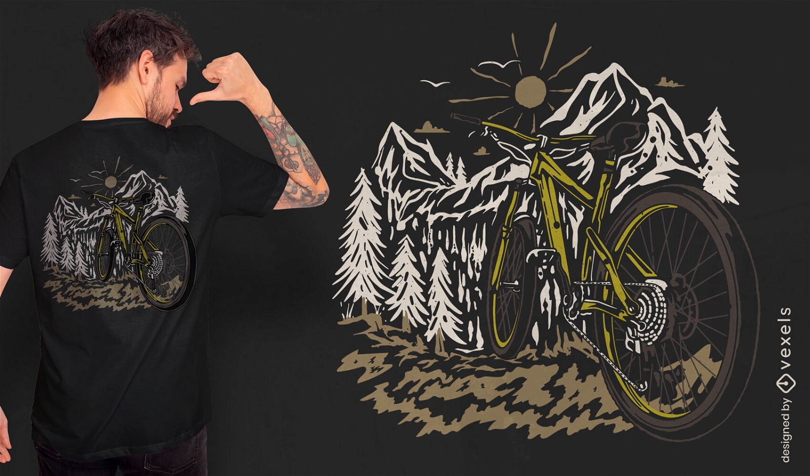 Mountain bike in forest with mountains t-shirt design