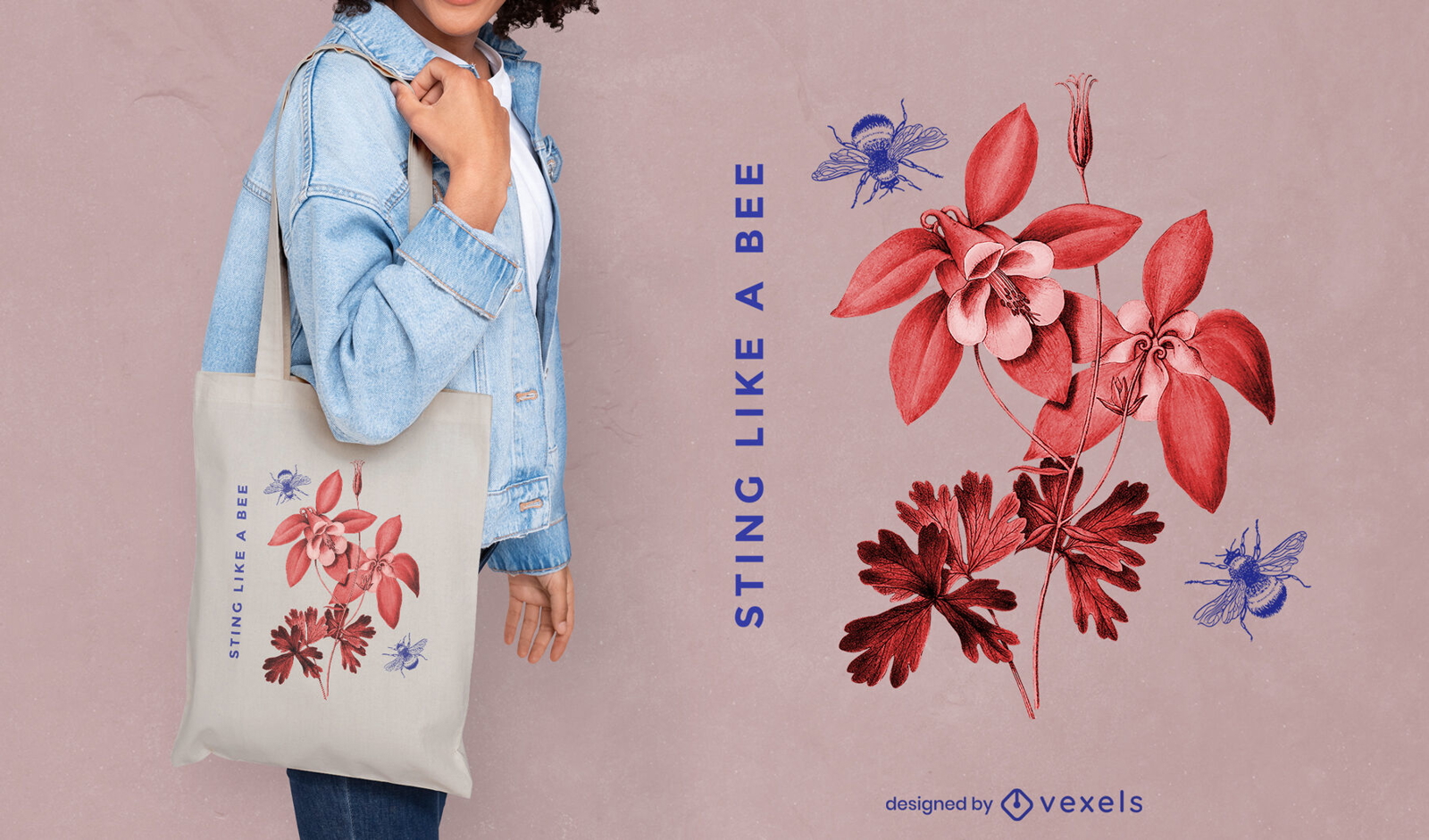 Diseño de tote bag abejas y flores.