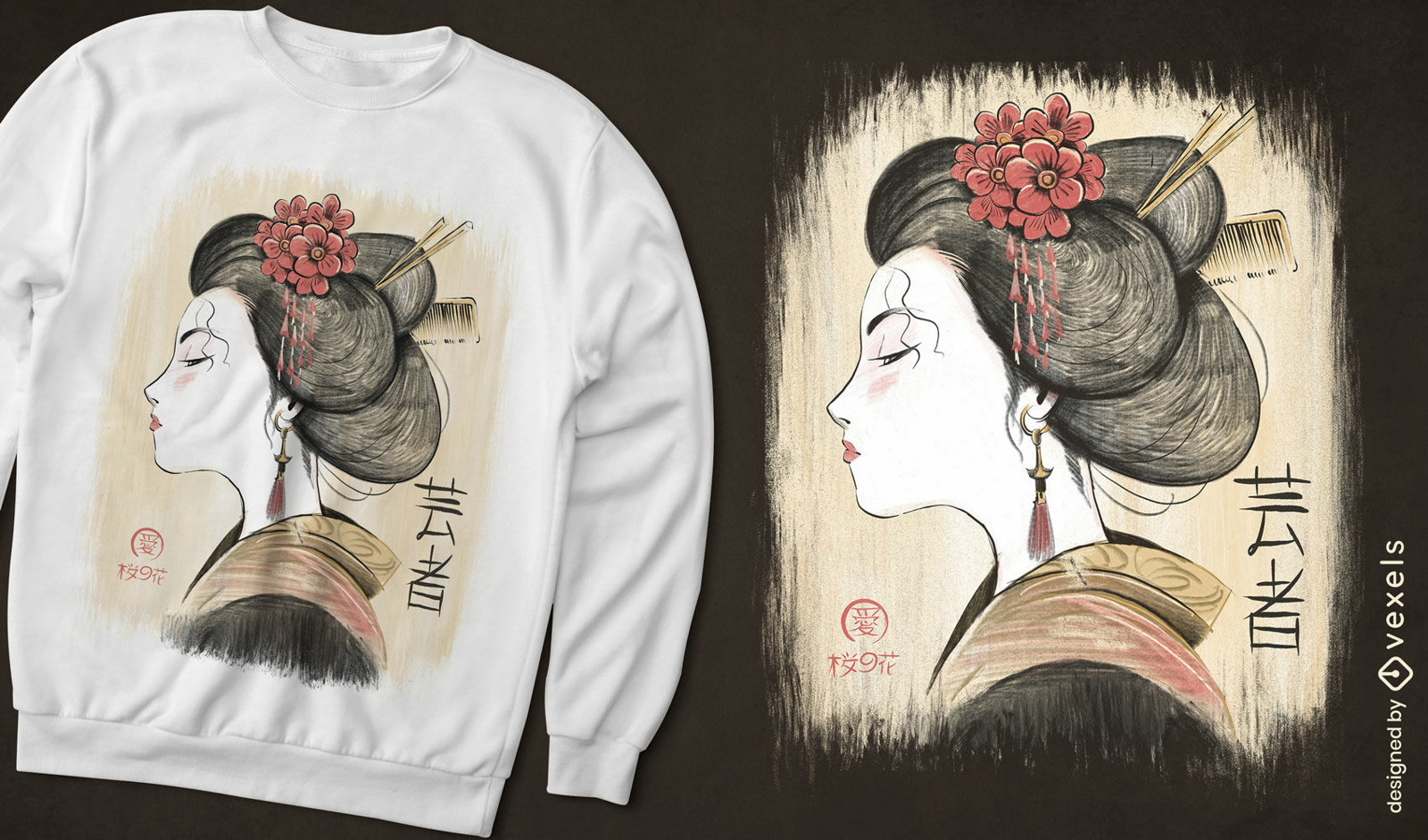 Diseño de camiseta de geisha japonesa vintage