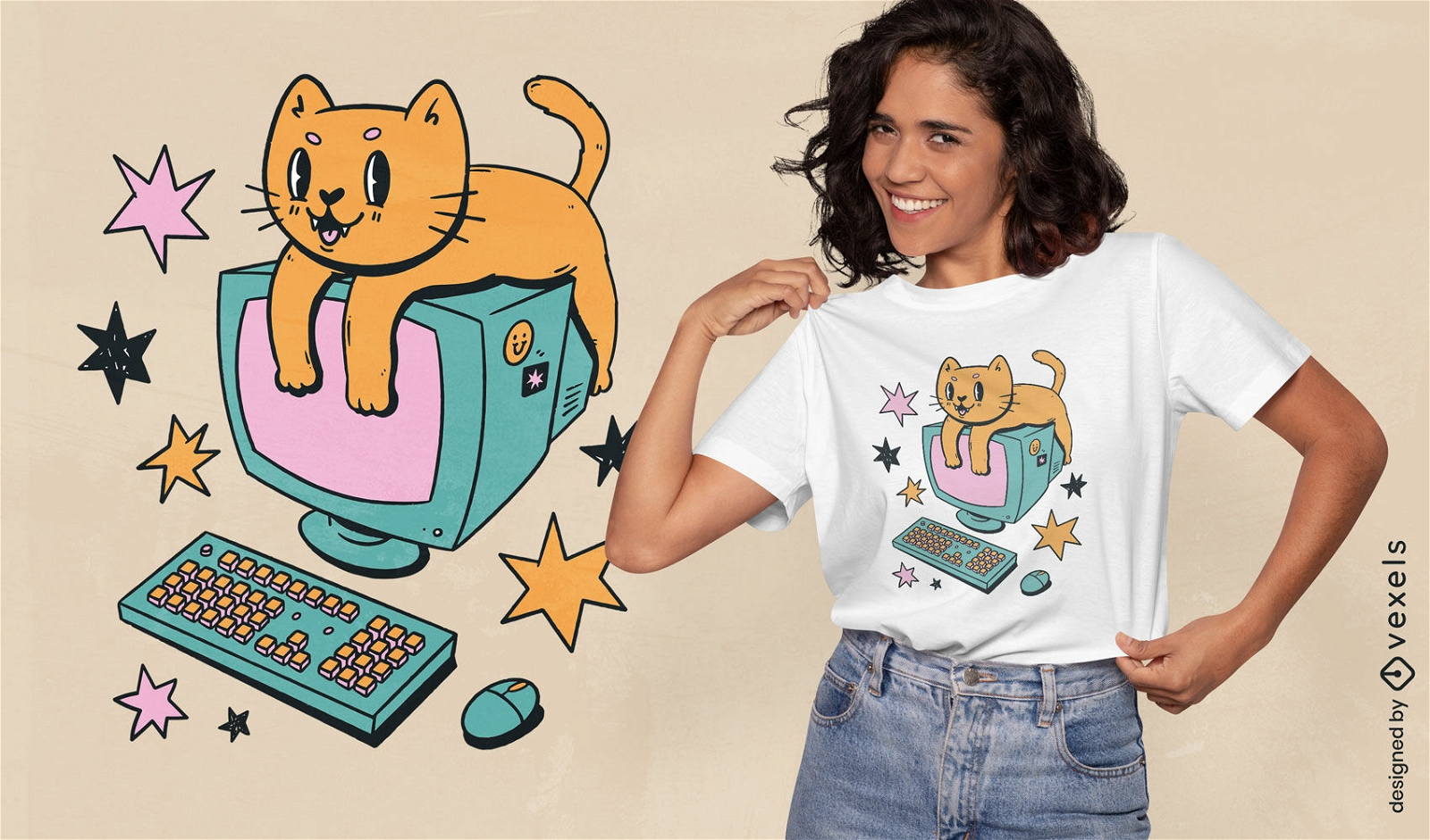 Design de camiseta de desenho animado de gato de computador