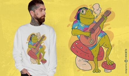 Design de camiseta de sapo hippie tocando guitarra