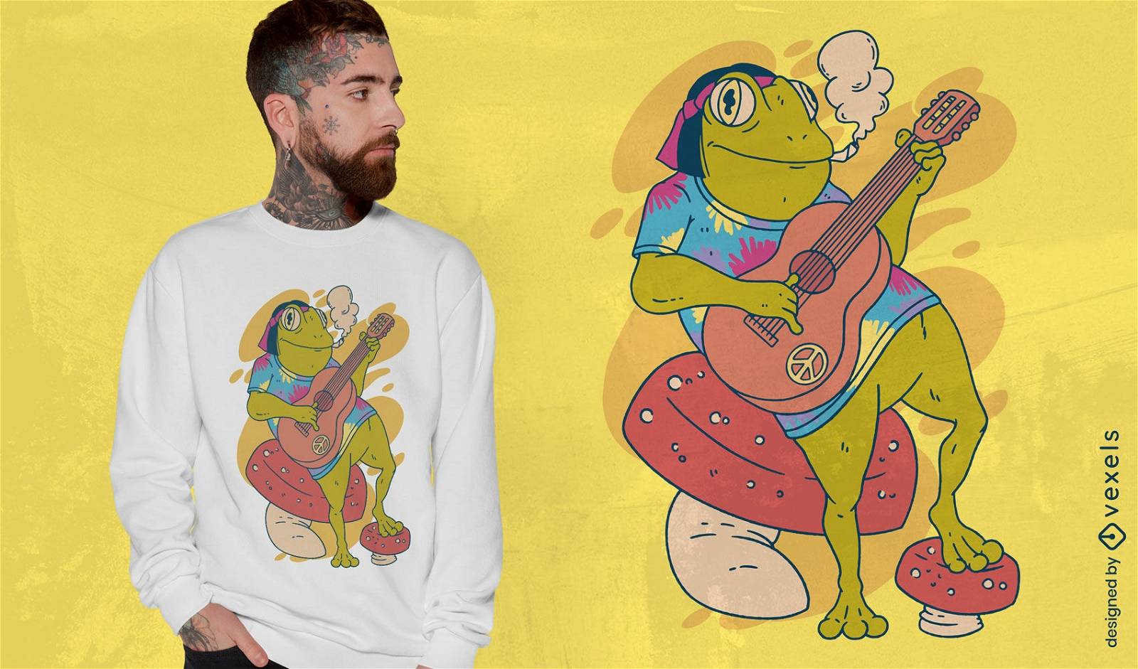 Diseño de camiseta hippie de rana tocando la guitarra