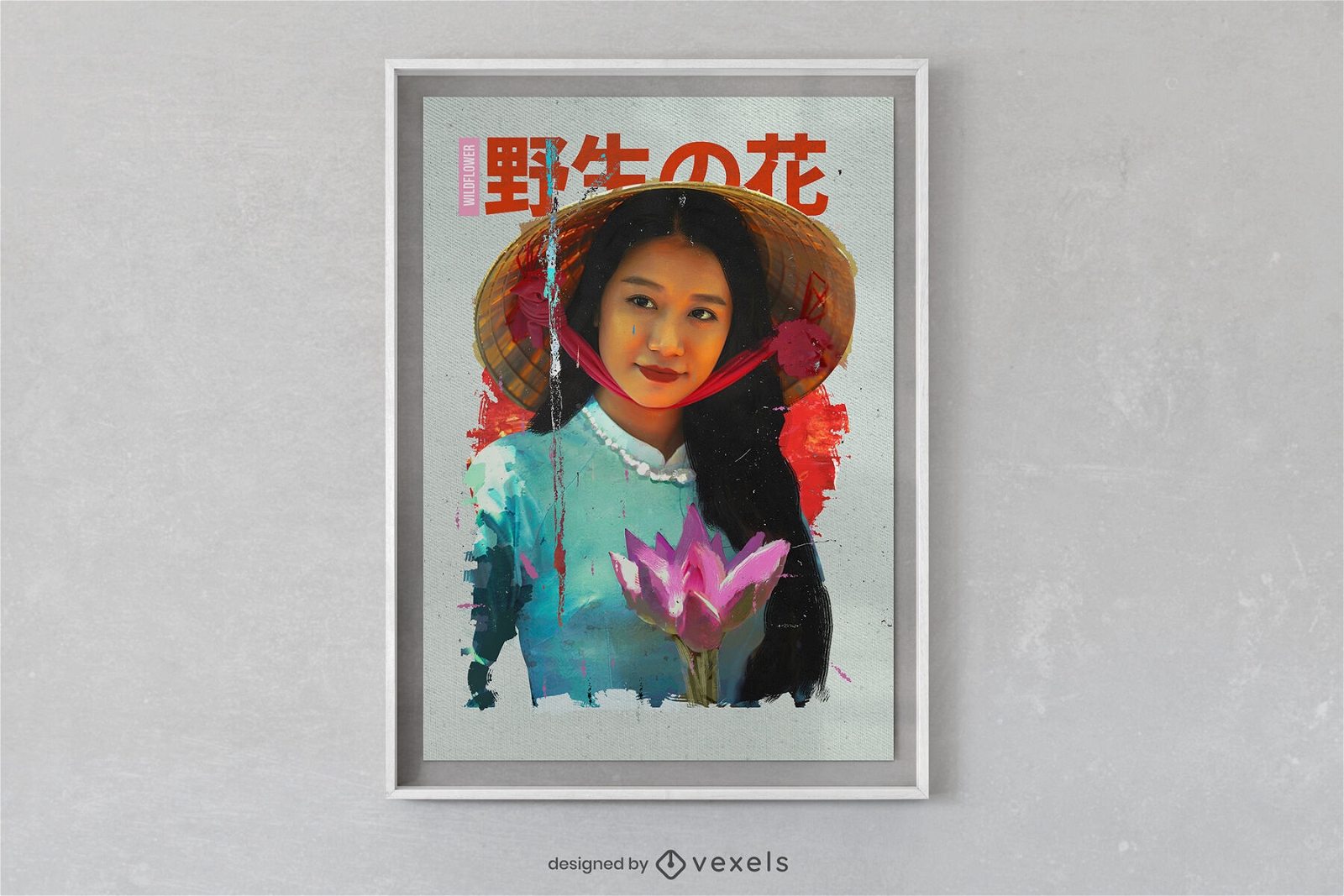 Chica japonesa con diseño de cartel de flores silvestres.