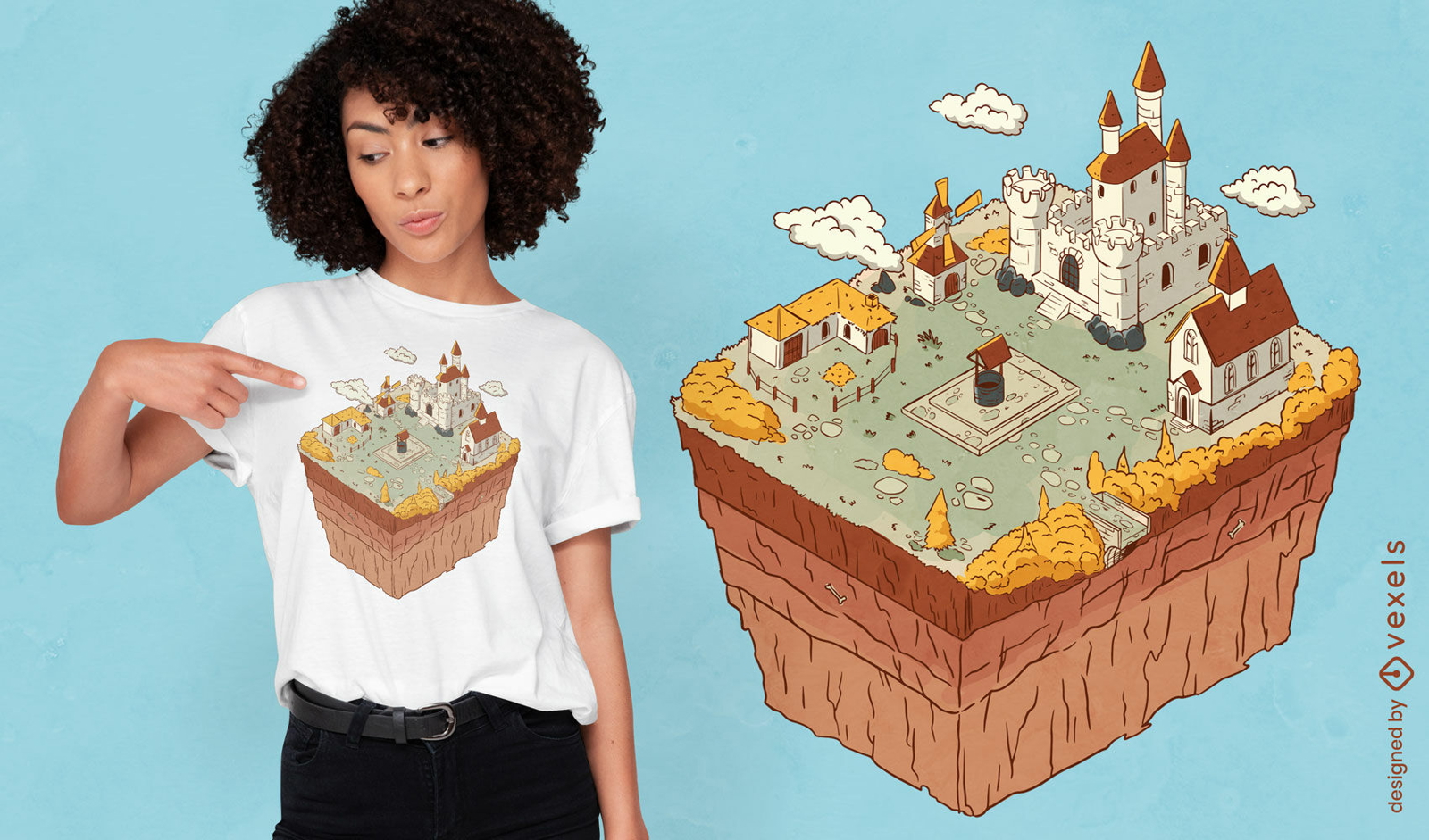 Cidade medieval com design de camiseta de castelo
