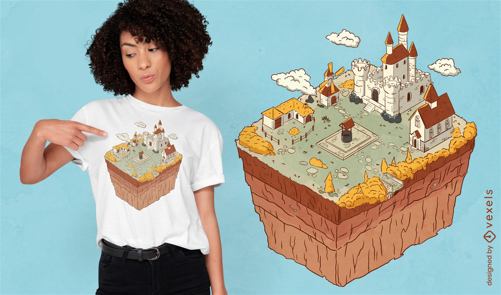 Mittelalterliche Stadt mit Burg-T-Shirt-Design