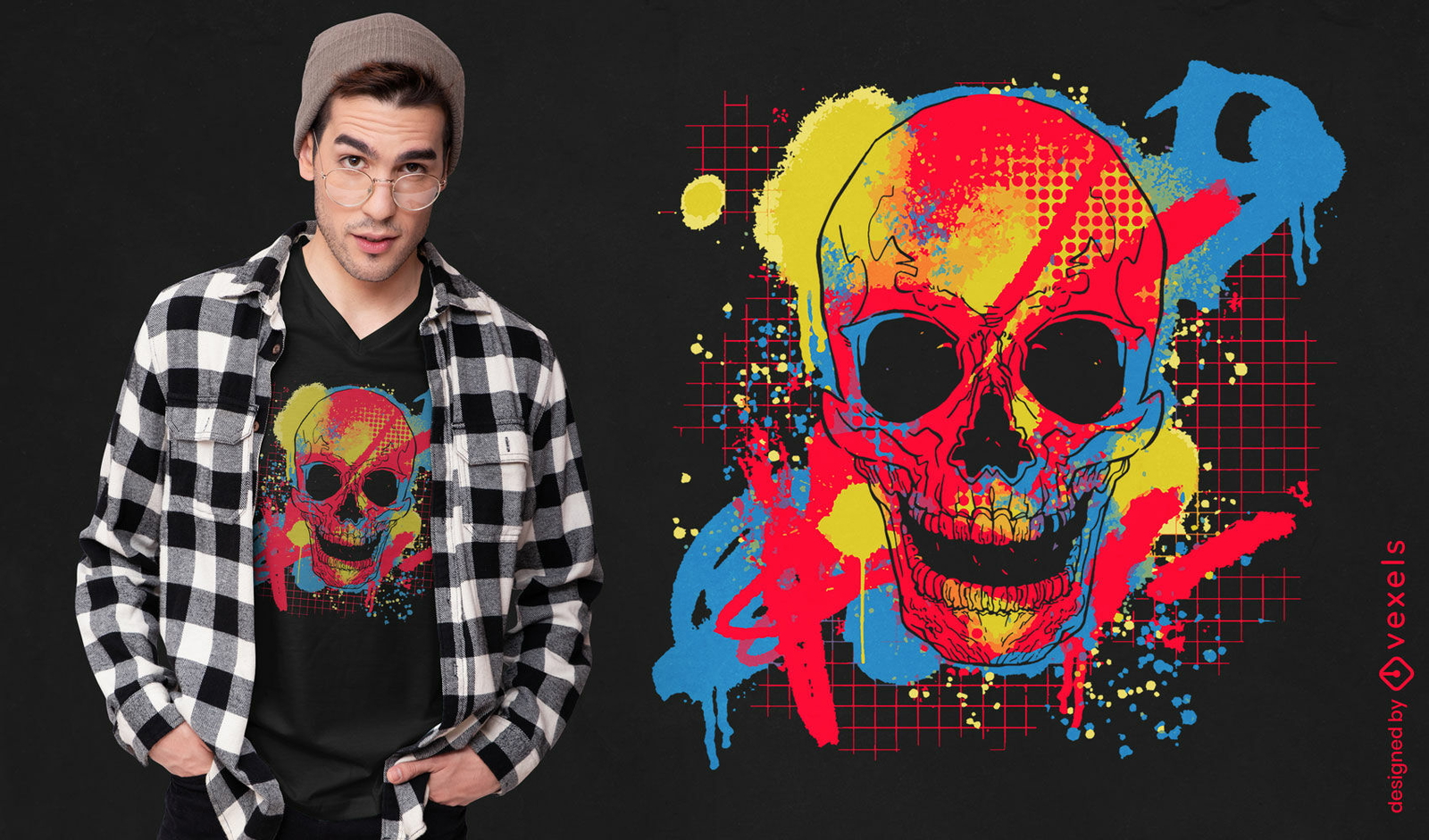 Diseño de camiseta colorida de calavera de graffiti