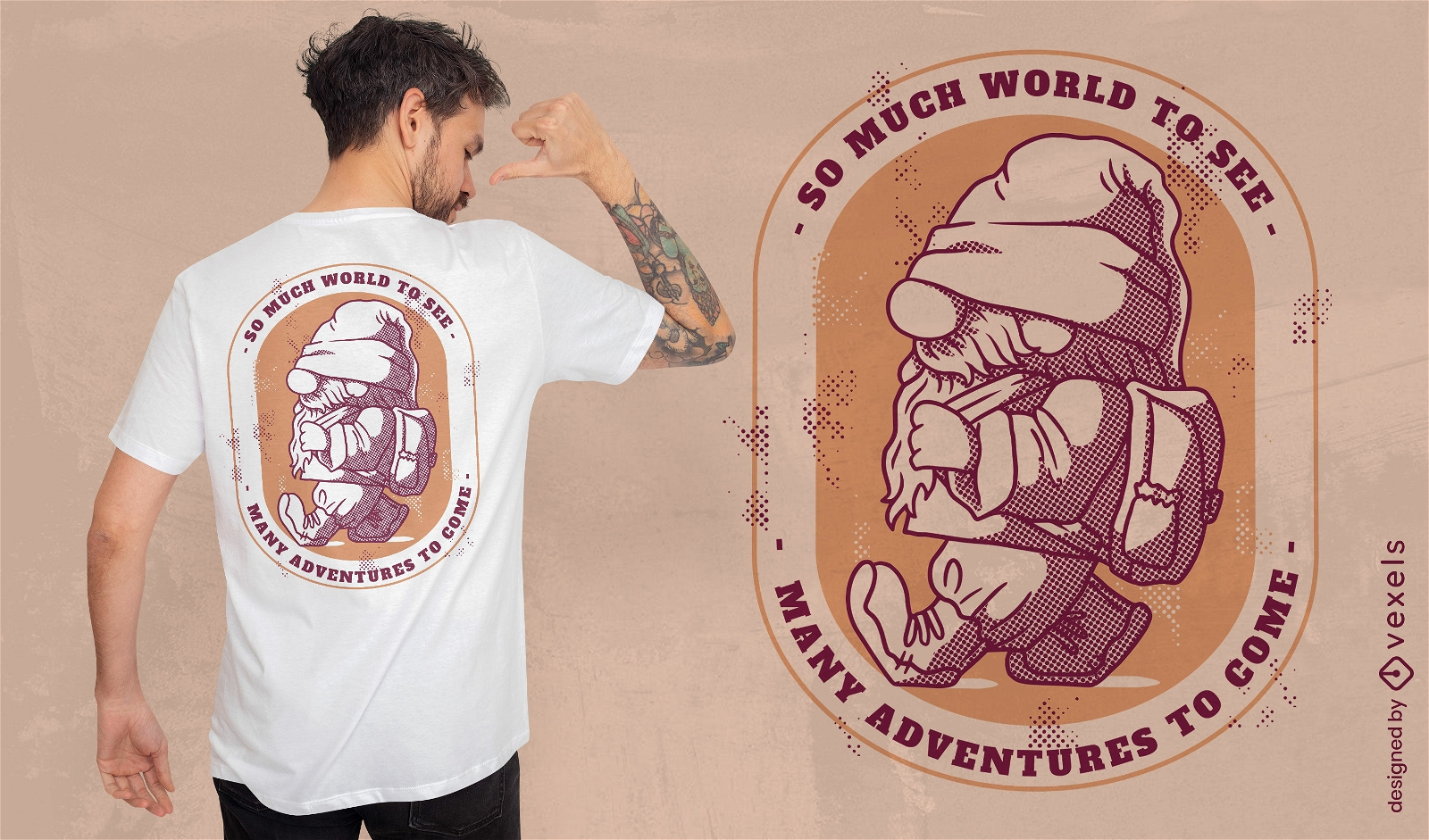 Gnome andando com design de camiseta de mochila
