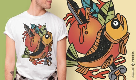 Design de camiseta de tatuagem de peixe e adaga