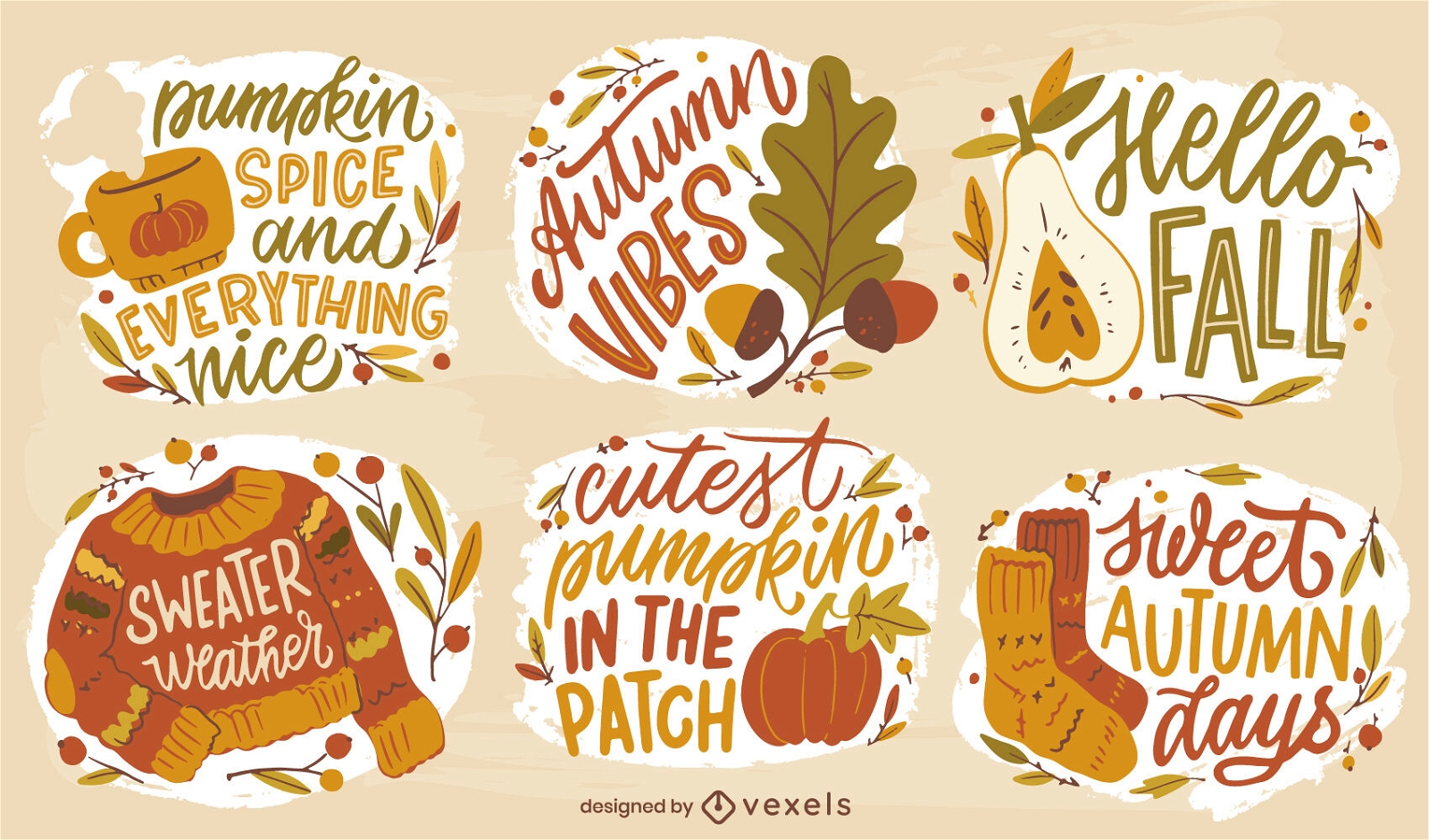 Herbst gemütliche Elemente Schriftzug Abzeichen Set