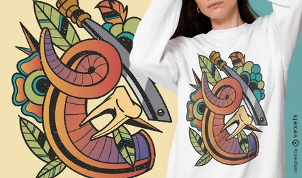 Diseño de camiseta de tatuaje de cuerno y espada.