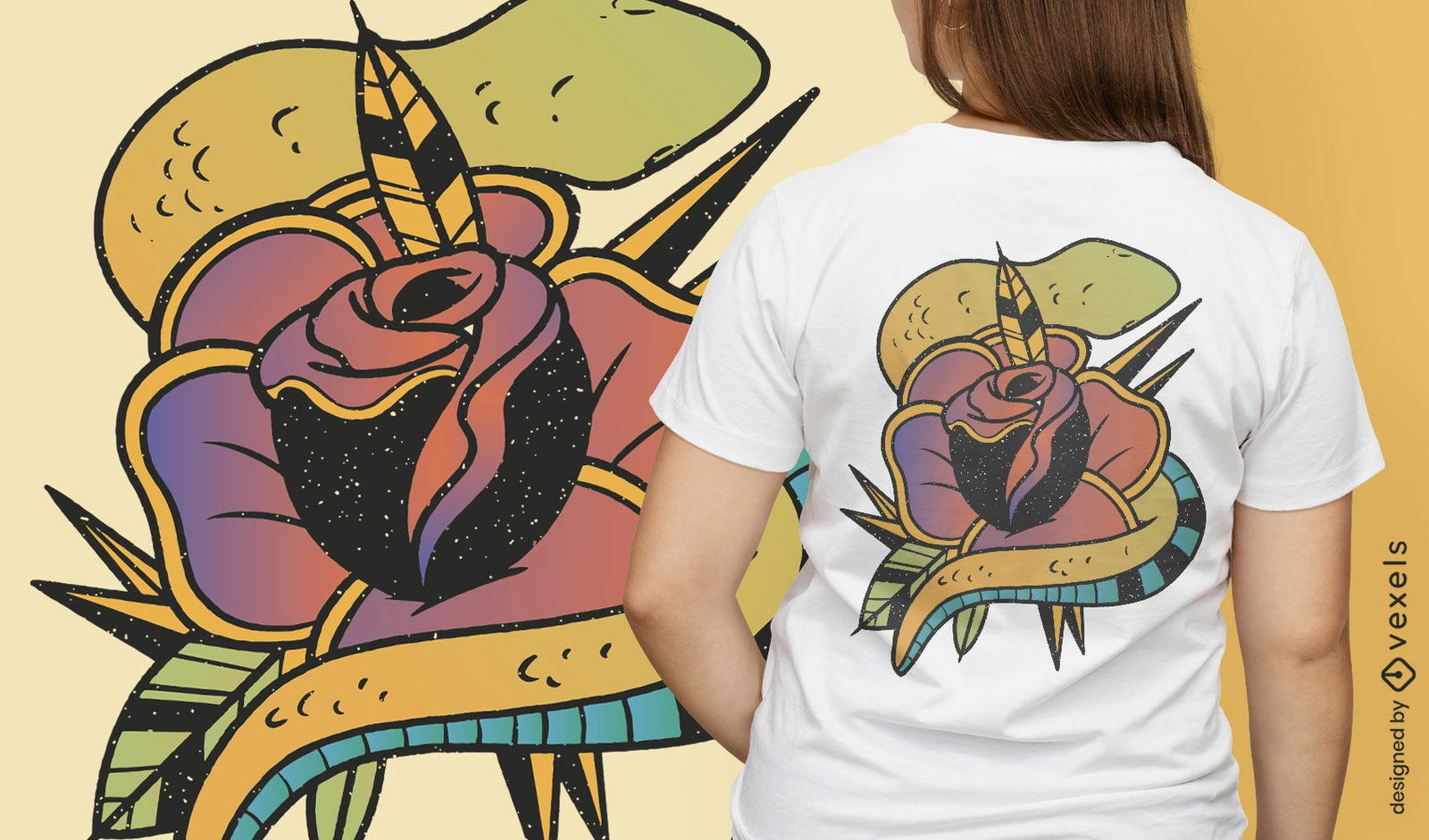 Diseño de camiseta de naturaleza de tatuaje de flor de rosa