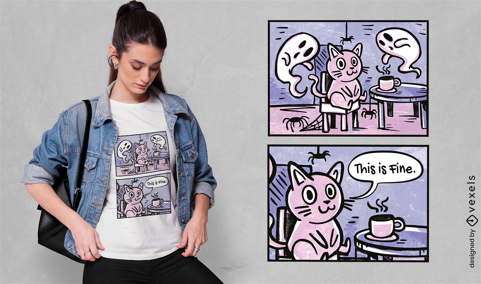 Cat in haunted house comic t-shirt design