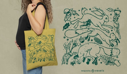 Diseño de bolsas de animales y plantas en otoño.