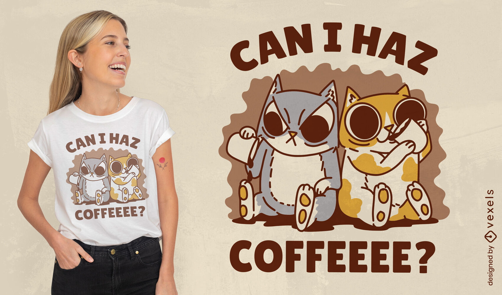 Diseño divertido de camiseta de dibujos animados de gato de café