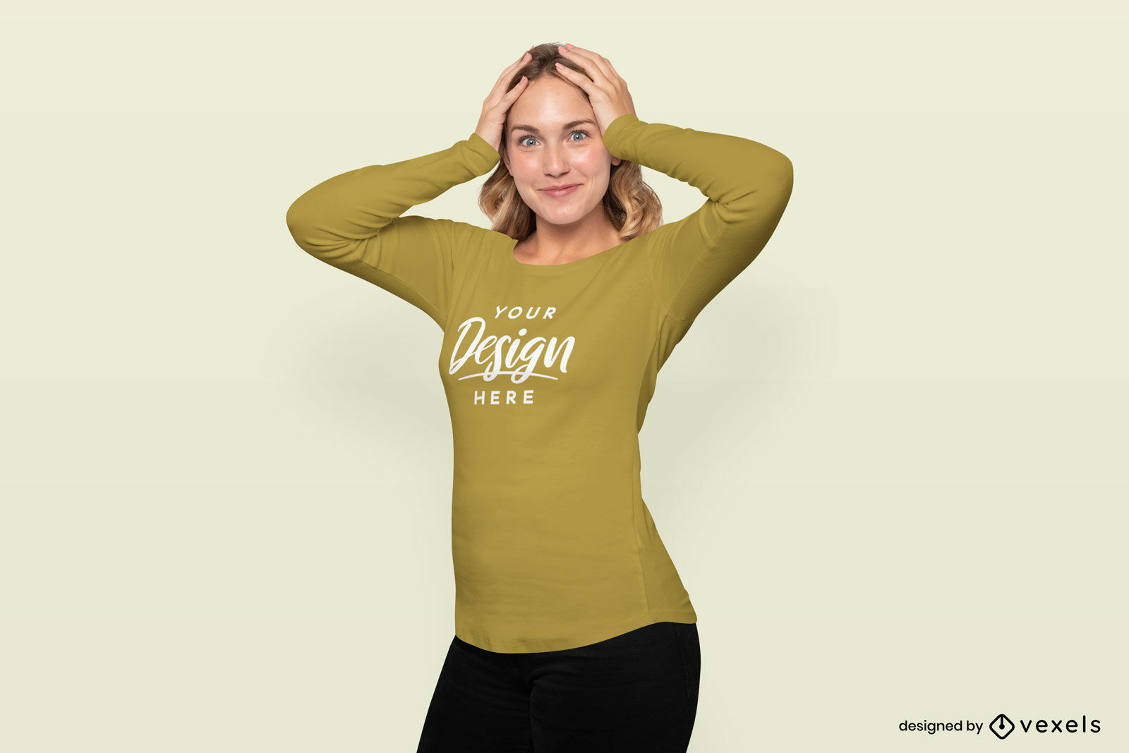 Frau mit den Händen auf dem Kopf T-Shirt Mockup