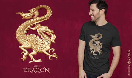 Diseño de camiseta de estatua dorada de dragón.