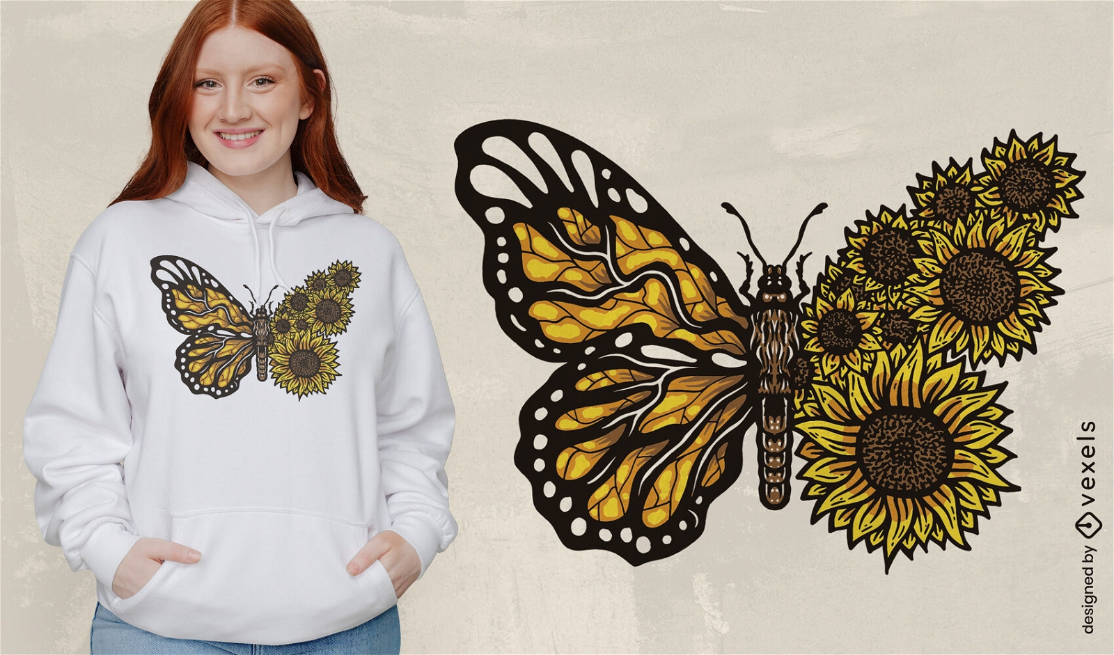 Diseño de camiseta de girasoles y mariposas.