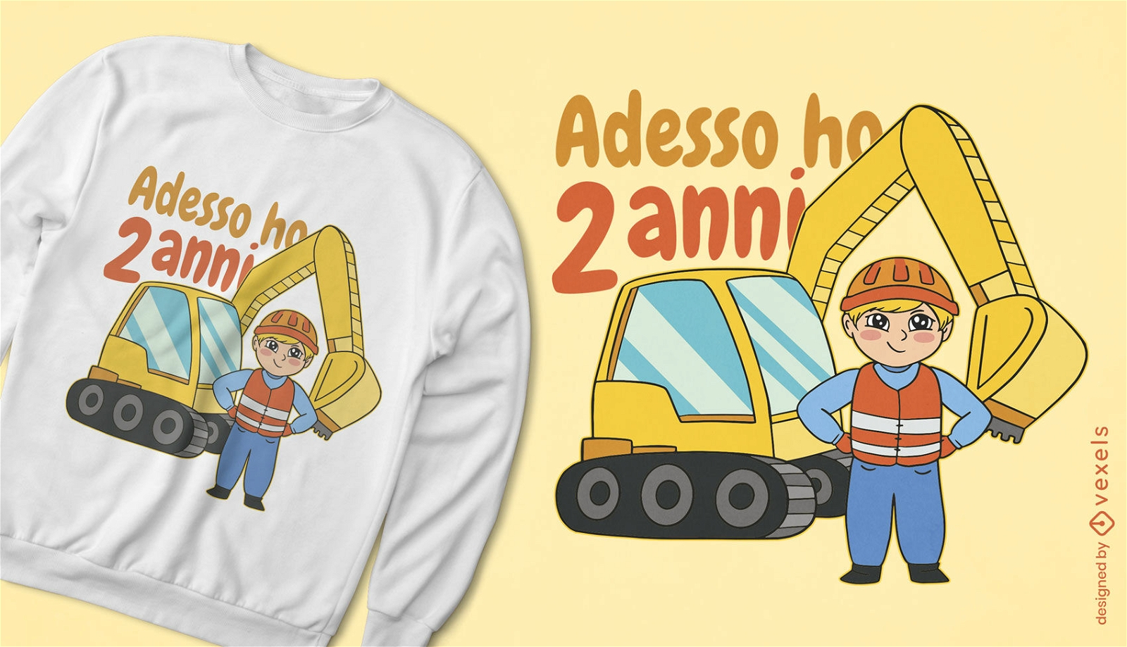 Design de camiseta de desenho animado de criança e escavadeira