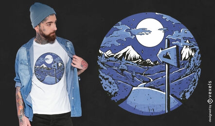 Diseño de camiseta de paisaje de montaña en la noche.