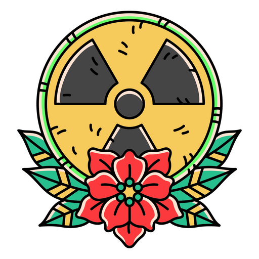 S?mbolo radiactivo entre flores. Diseño PNG