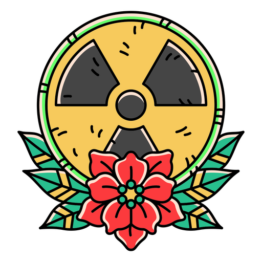 Símbolo radiactivo entre flores. Diseño PNG