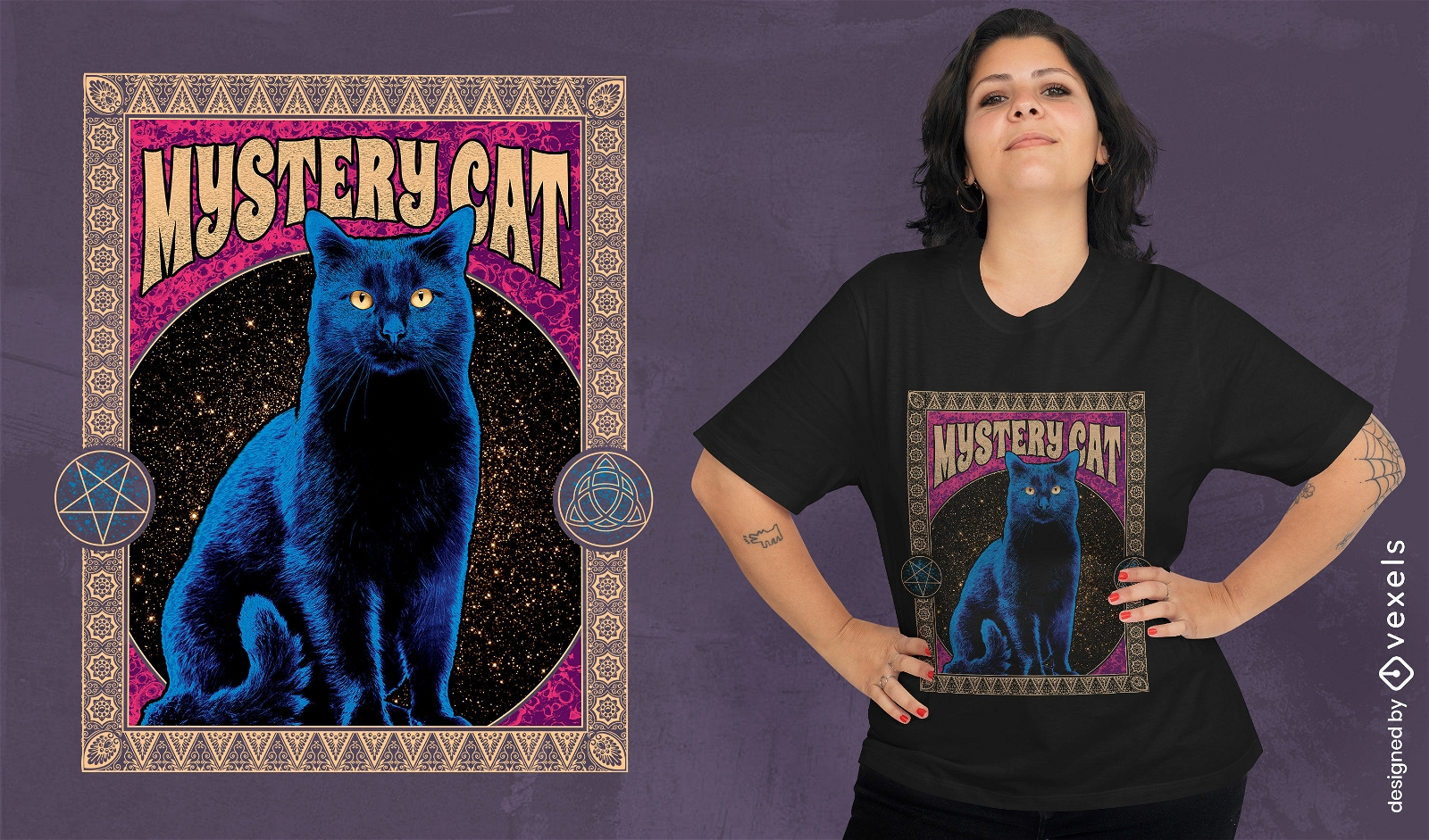 Design de camiseta PSD de mistério de gato preto