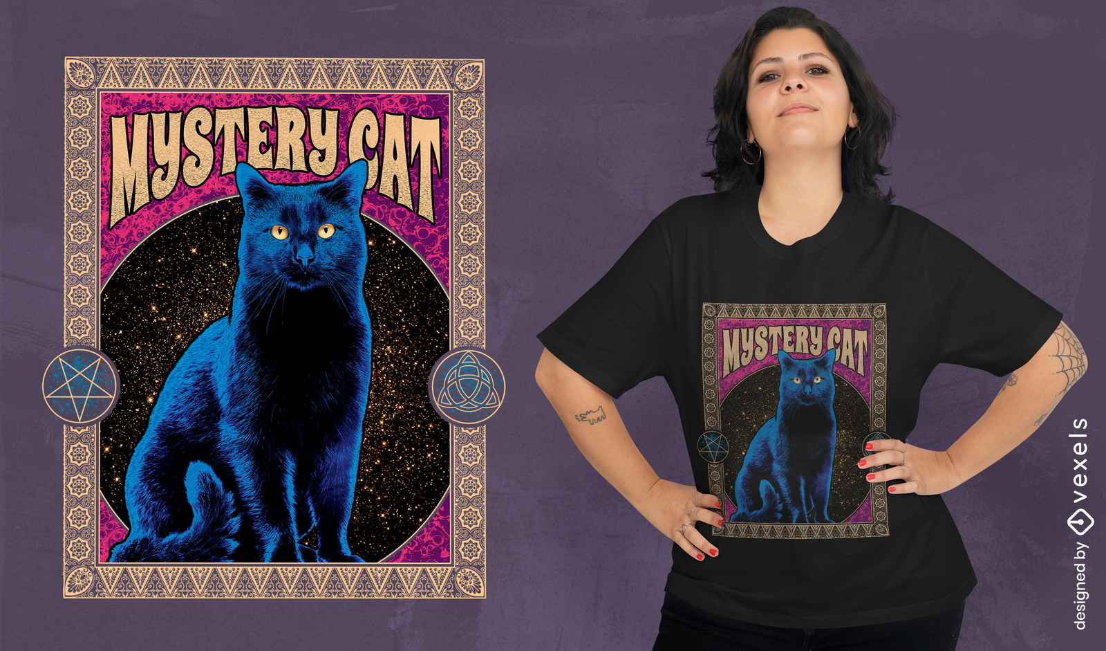 Design de camiseta PSD de mistério de gato preto