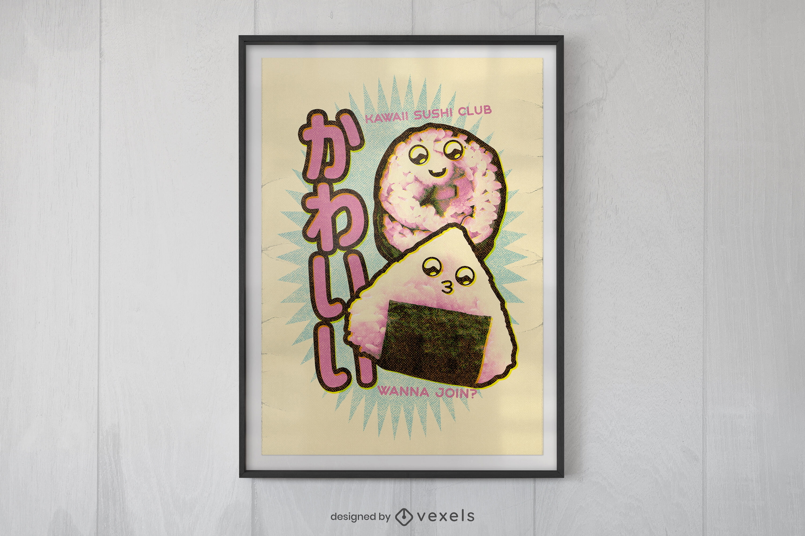 Diseño de cartel de personajes de sushi kawaii.