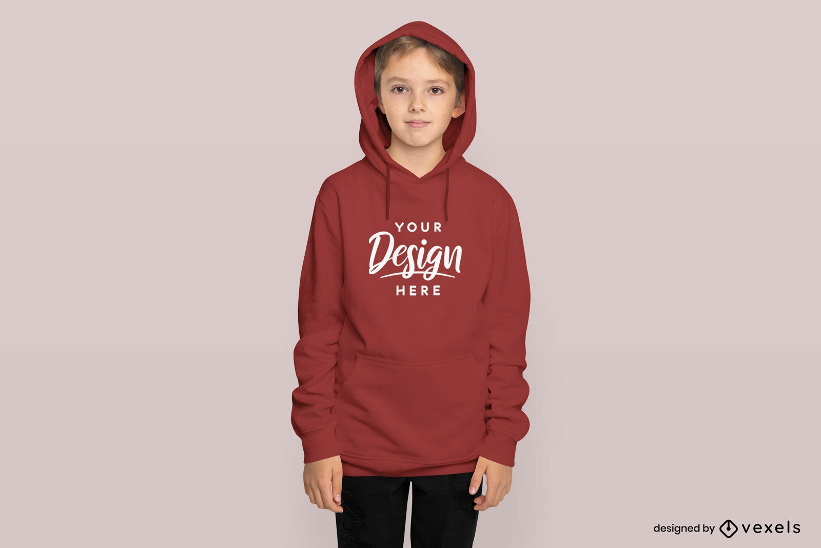 Kid with hood on hoodie mockup design