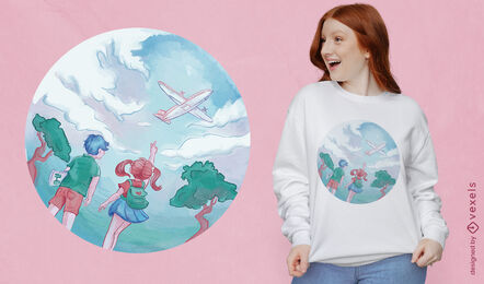 Children looking at plane t-shirt design