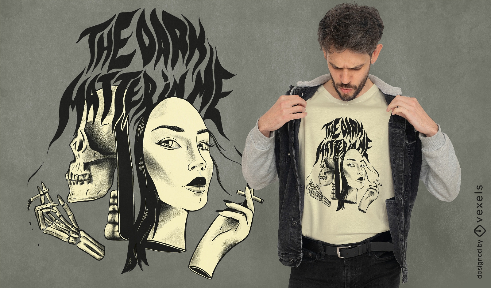 Design de camiseta assustadora de mulher e esqueleto