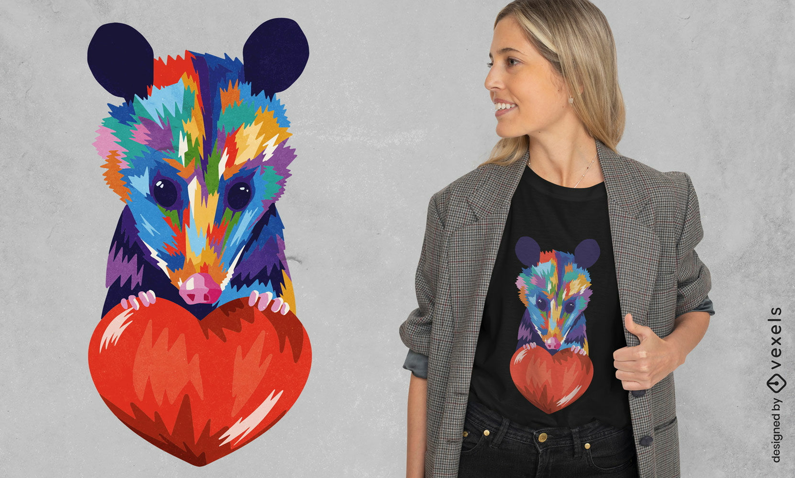 Diseño de camiseta de corazón con animal de zarigüeya