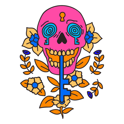 Psychedelic skull & keys tattoo PNG Design