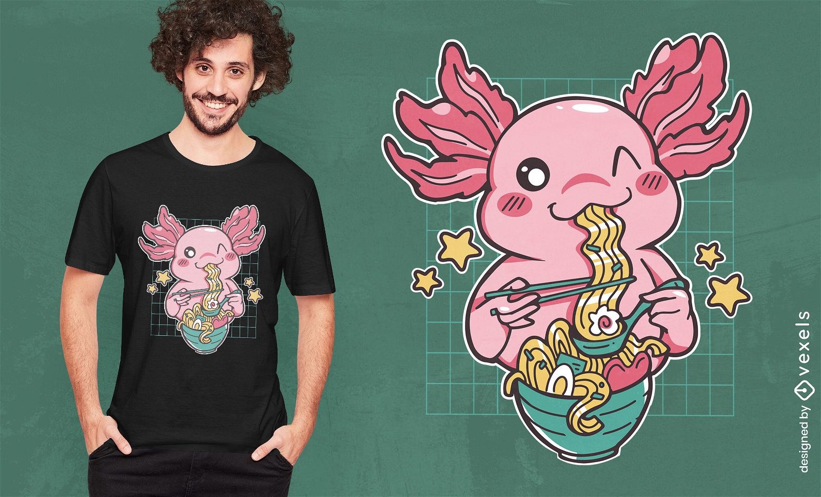 Kawaii Axolotl, der Ramen-Lebensmittel-T-Shirt-Design isst