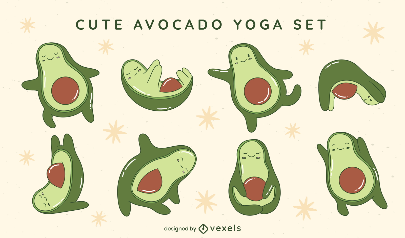 Cute avocado vegetable doing yoga set