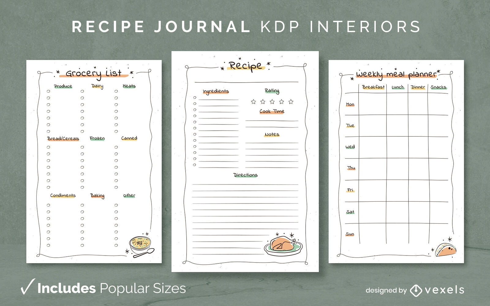 Doodle recipe book template KDP interior design