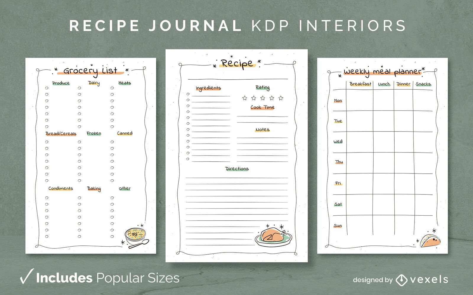 Plantilla de libro de recetas de garabatos Dise?o de interiores KDP