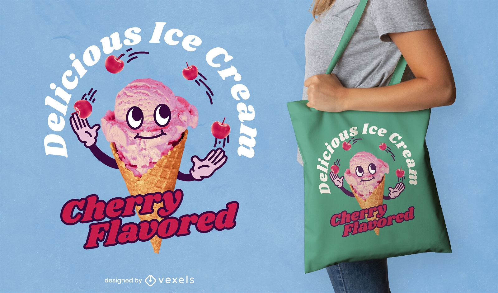 Funny ice cream and cherries tote bag design