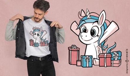 Cartoon unicorn with gifts t-shirt design