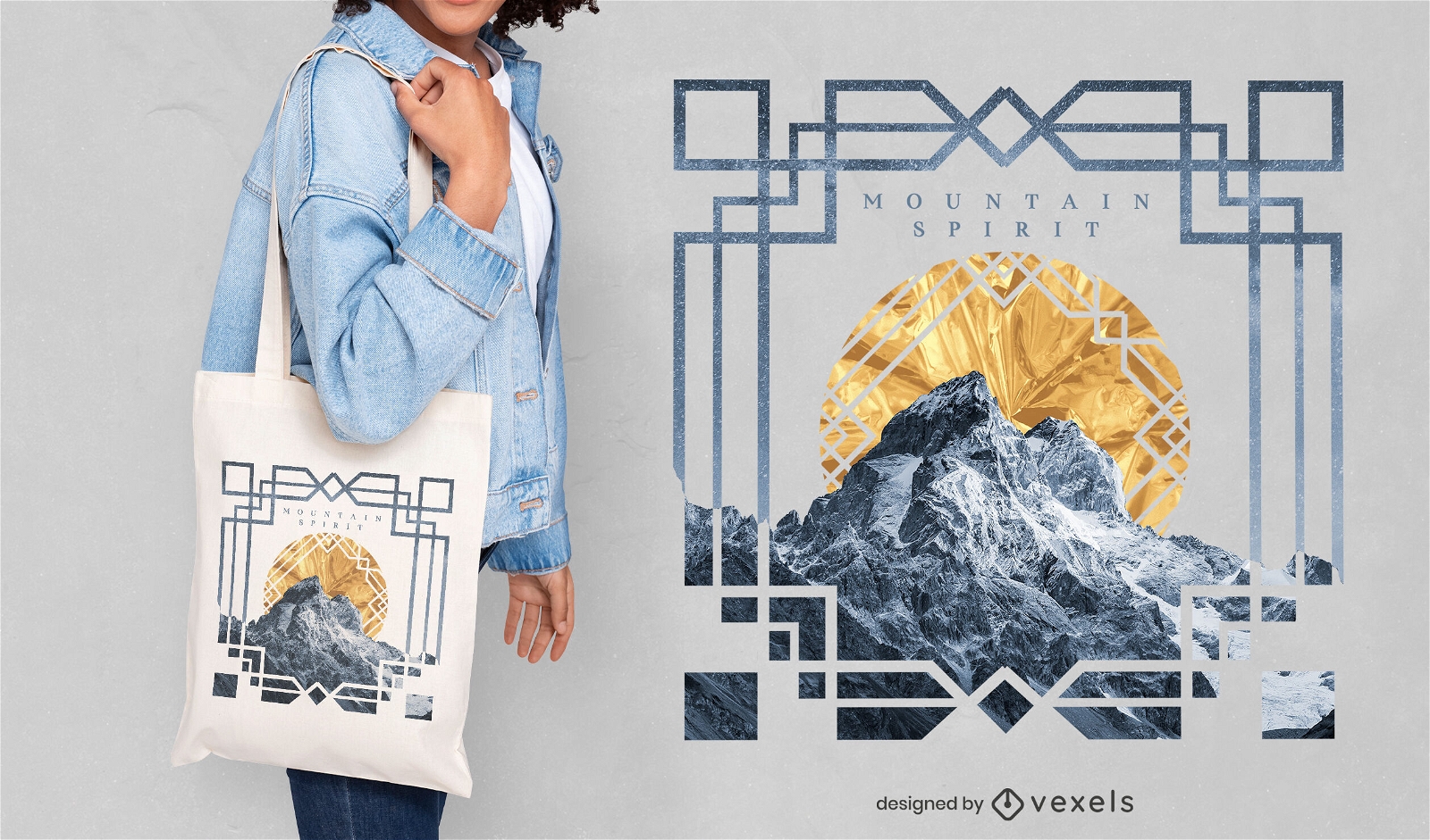 Diseño de bolso de mano art deco con paisaje de montaña.