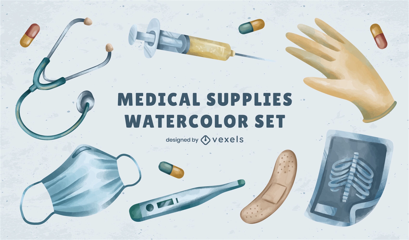 Medical supplies watercolor elements set