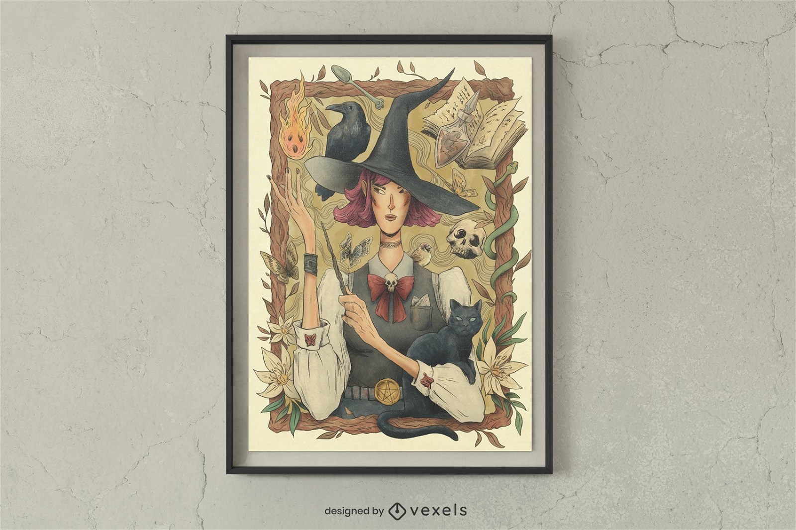 Modern witch with cat poster design