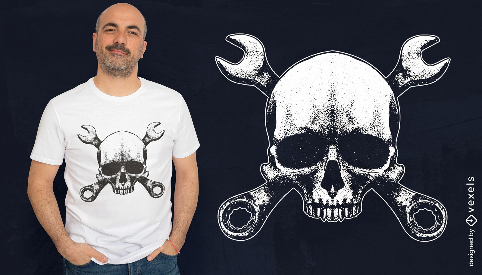 Diseño de camiseta de calavera y herramientas mecánicas.