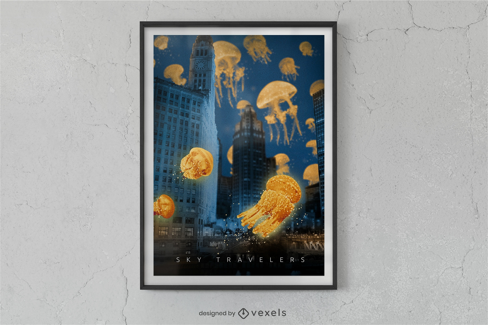 Jellyfish in a city poster design