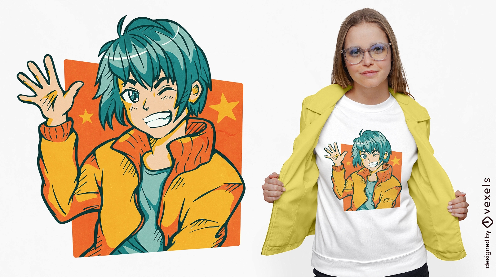 Fröhlicher Anime-Junge, der T-Shirt-Design winkt