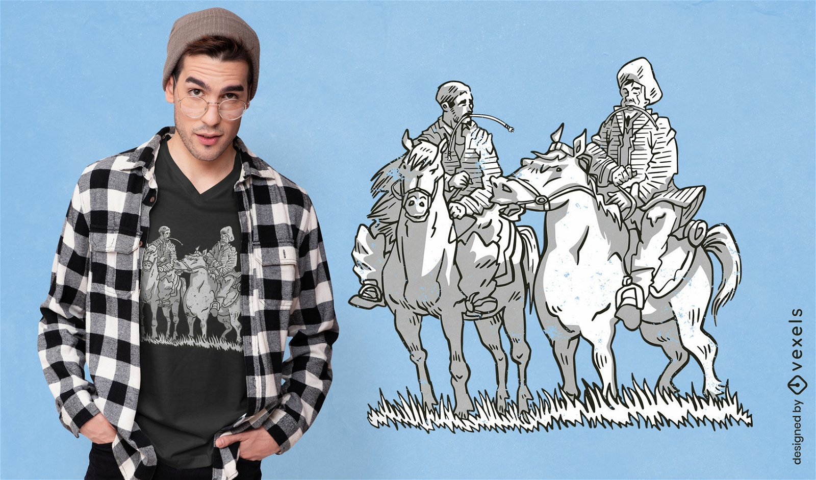 Diseño de camiseta de personas montando caballos.