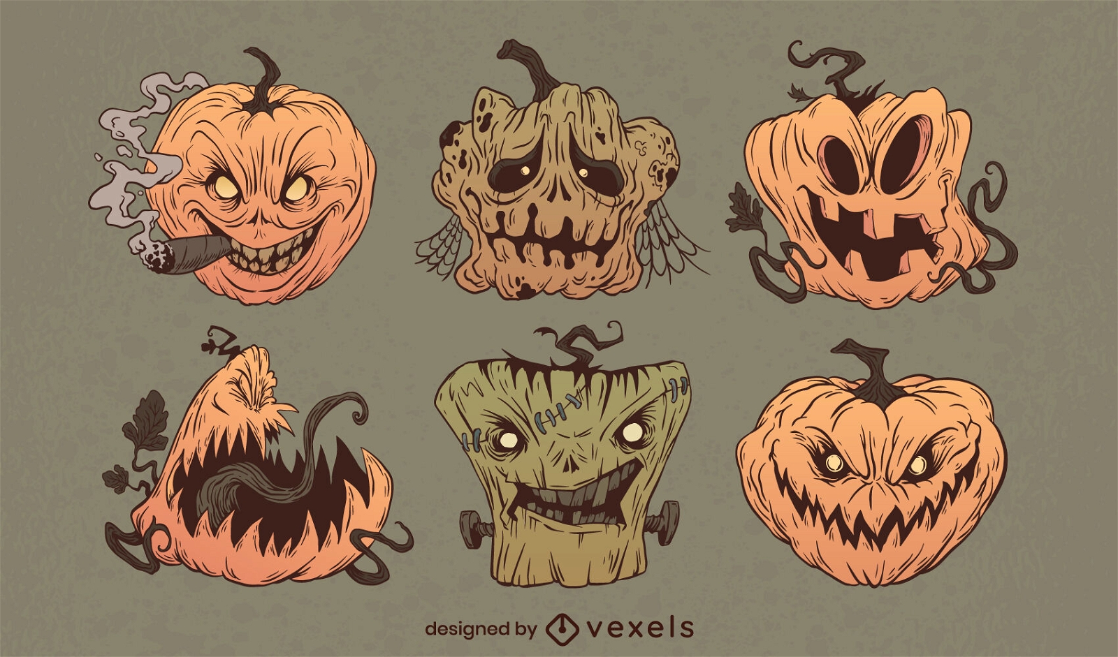 Halloween holiday creepy pumpkins set