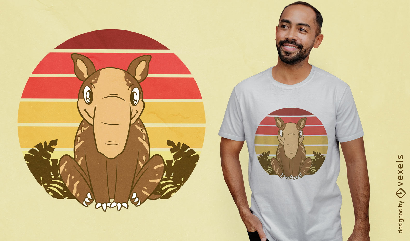 Lindo diseño de camiseta de puesta de sol retro de dibujos animados de tapir