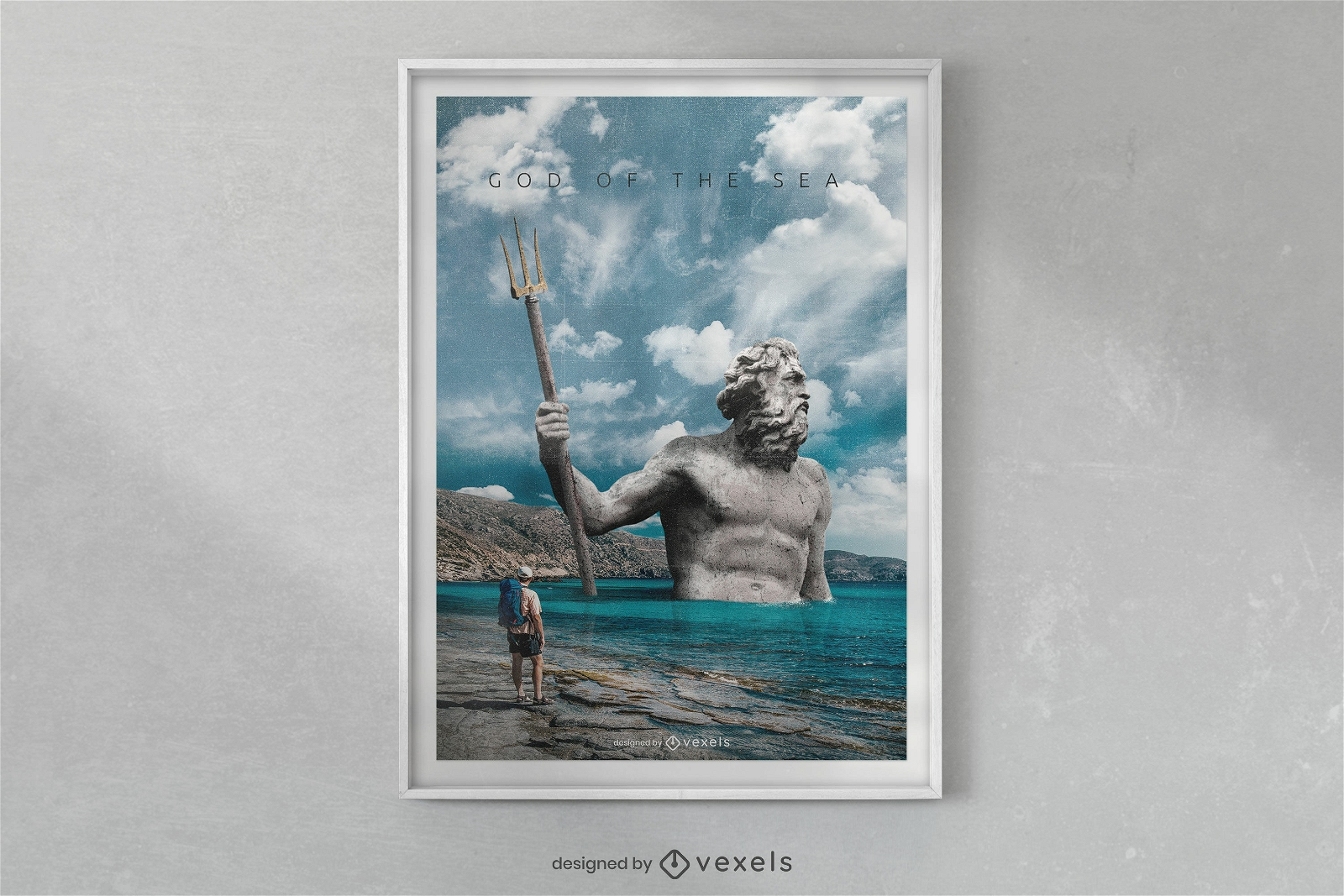 Plantilla de póster de estatua de Poseidón en el océano